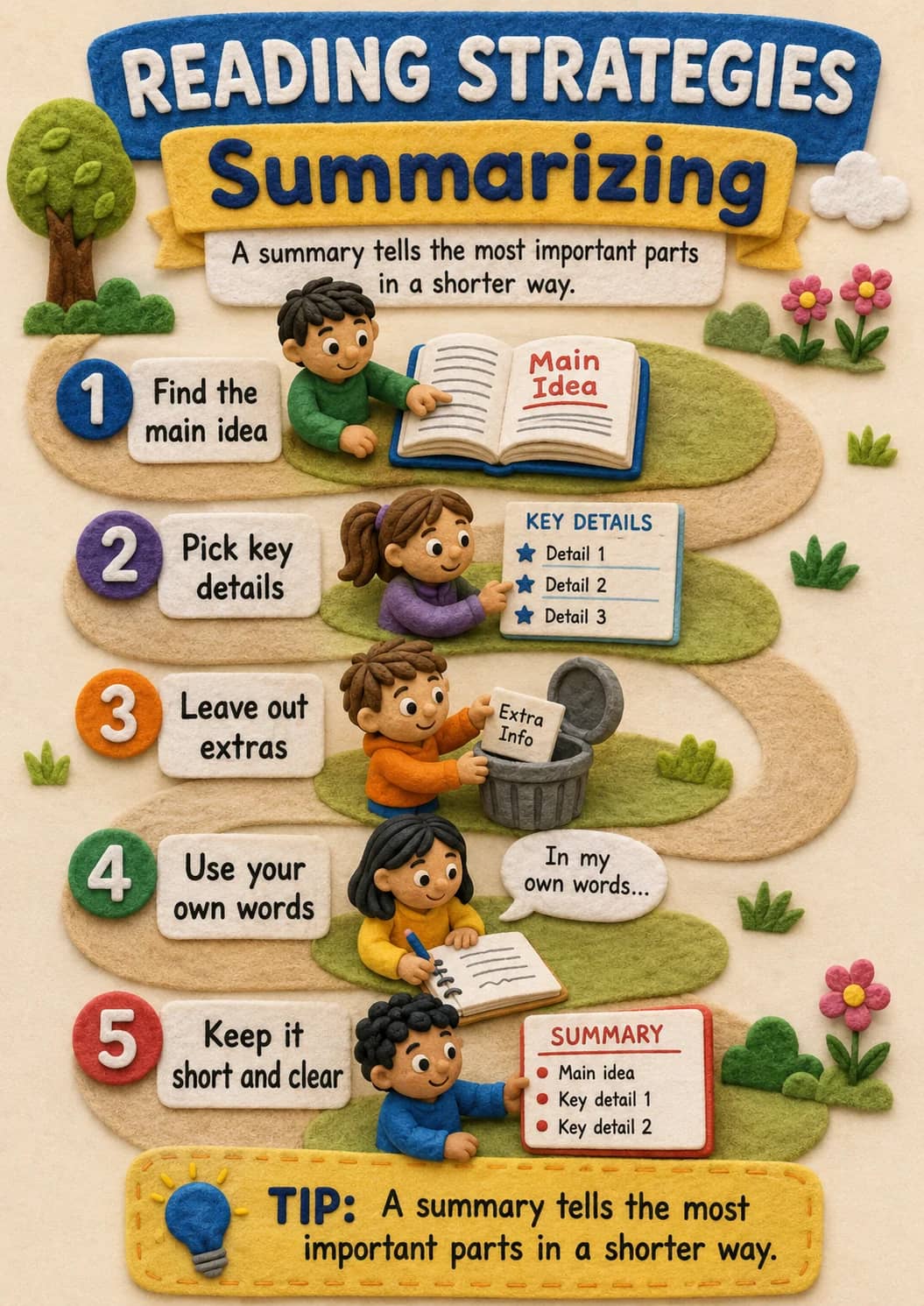 Reading Strategies infographic poster showing Summarizing, A summary tells the most important parts in a shorter way., Find the main idea,...