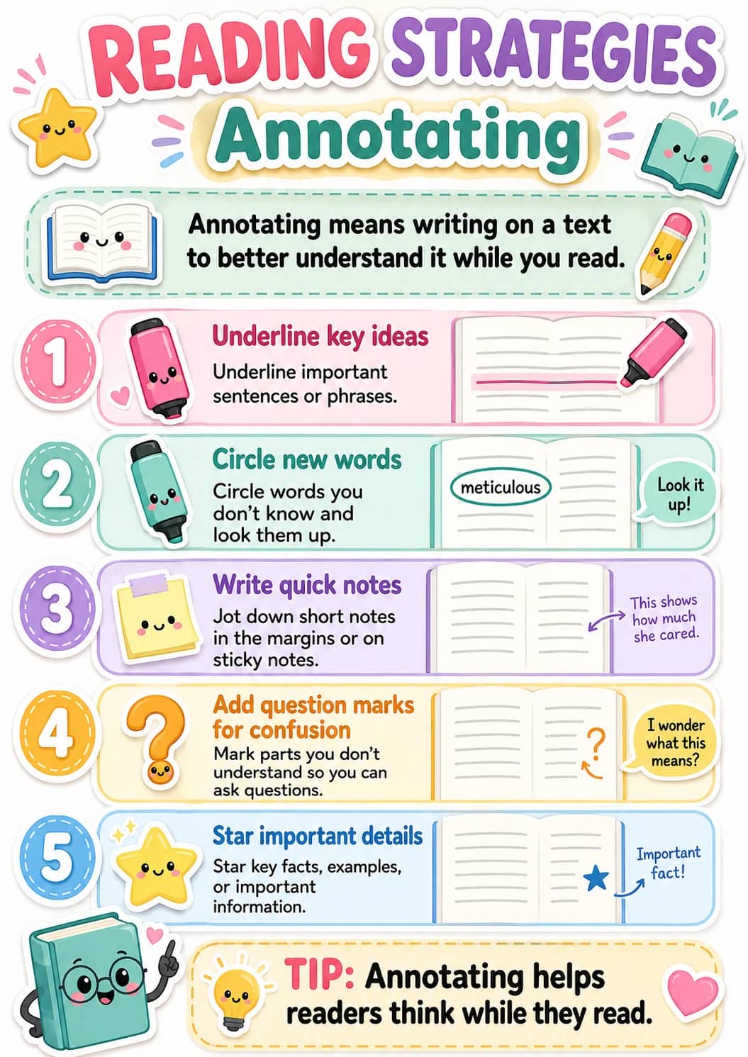 Reading Strategies infographic poster showing Annotating, Annotating means writing on a text to better understand it while you read.,...