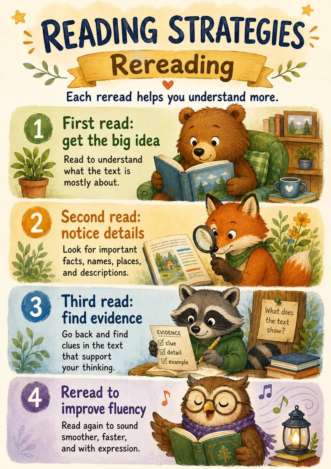 Reading Strategies infographic poster showing Rereading, Each reread helps you understand more., First read: get the big idea, Read to...