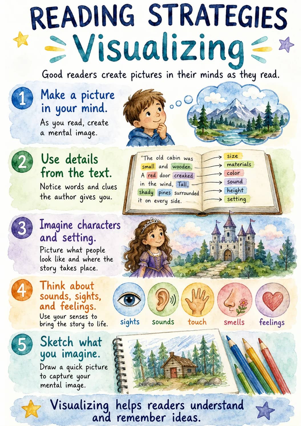 Visualizing infographic poster showing Good readers create pictures in their minds as they read., Make a picture in your mind., As you...