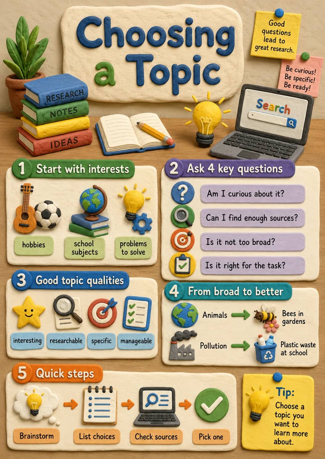 1 Start with Interests infographic poster showing hobbies, school, subjects, problems and to solve for Research.