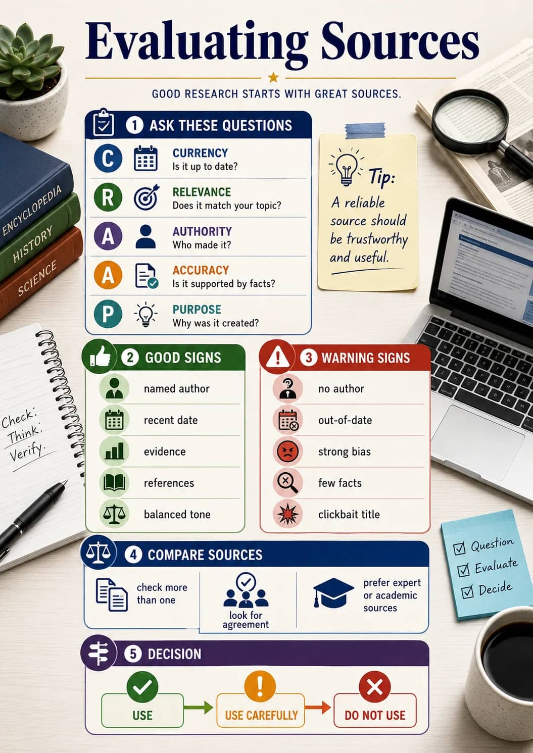 Encyclopedia infographic poster showing HISTORY, SCIENCE, Check:, Think: and Verify. for Research.