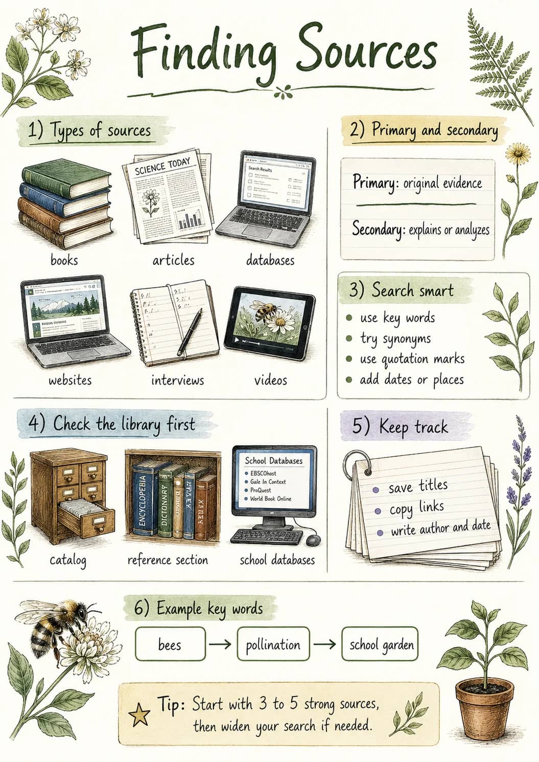 Finding Sources infographic poster showing 1) Types of sources, books, articles, databases and websites for Research.