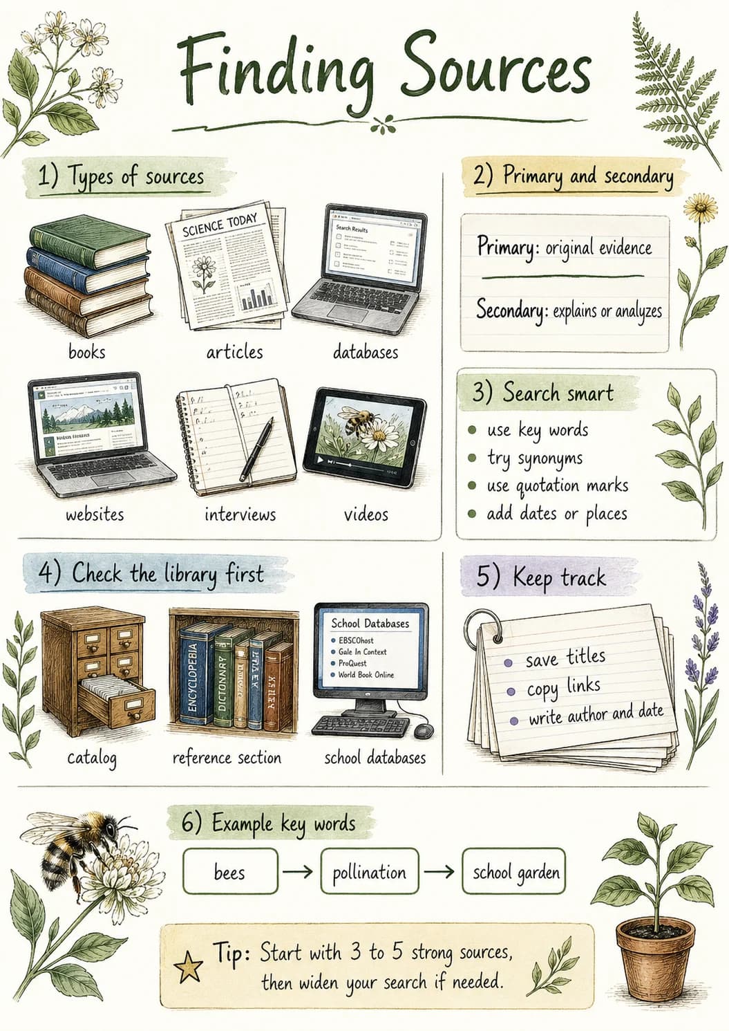 Finding Sources infographic poster showing 1) Types of sources, books, articles, databases and websites for Research.