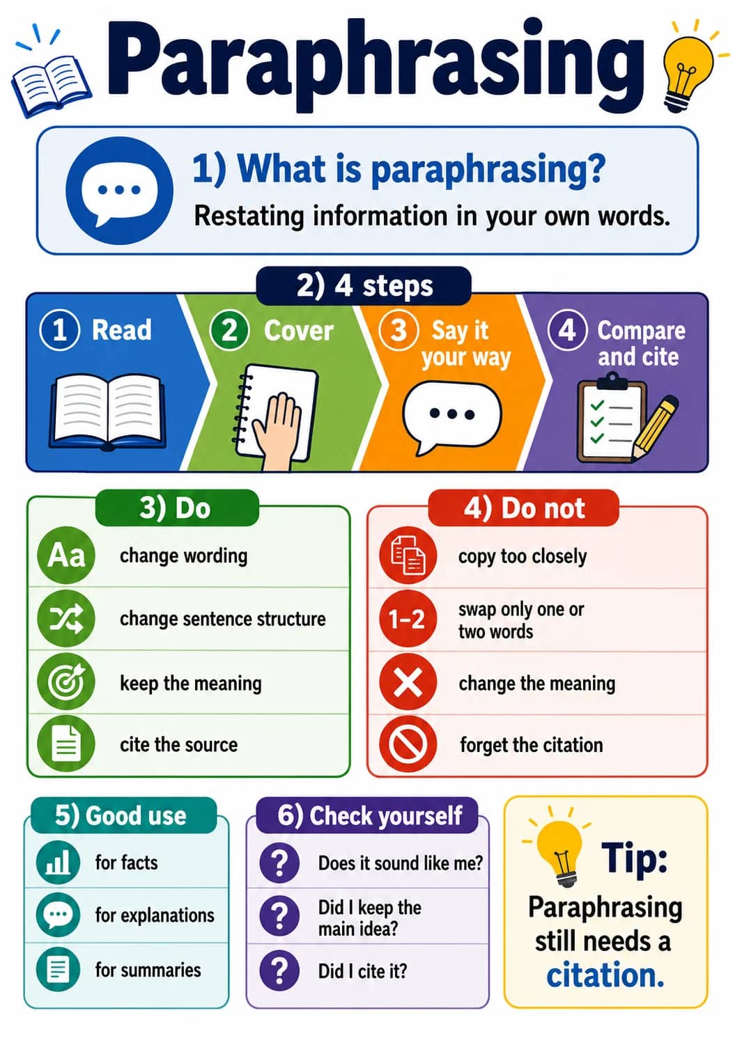 Paraphrasing infographic poster showing 1) What is paraphrasing?, Restating information in your own words., 2) 4 steps, 1 Read and 2 Cover...