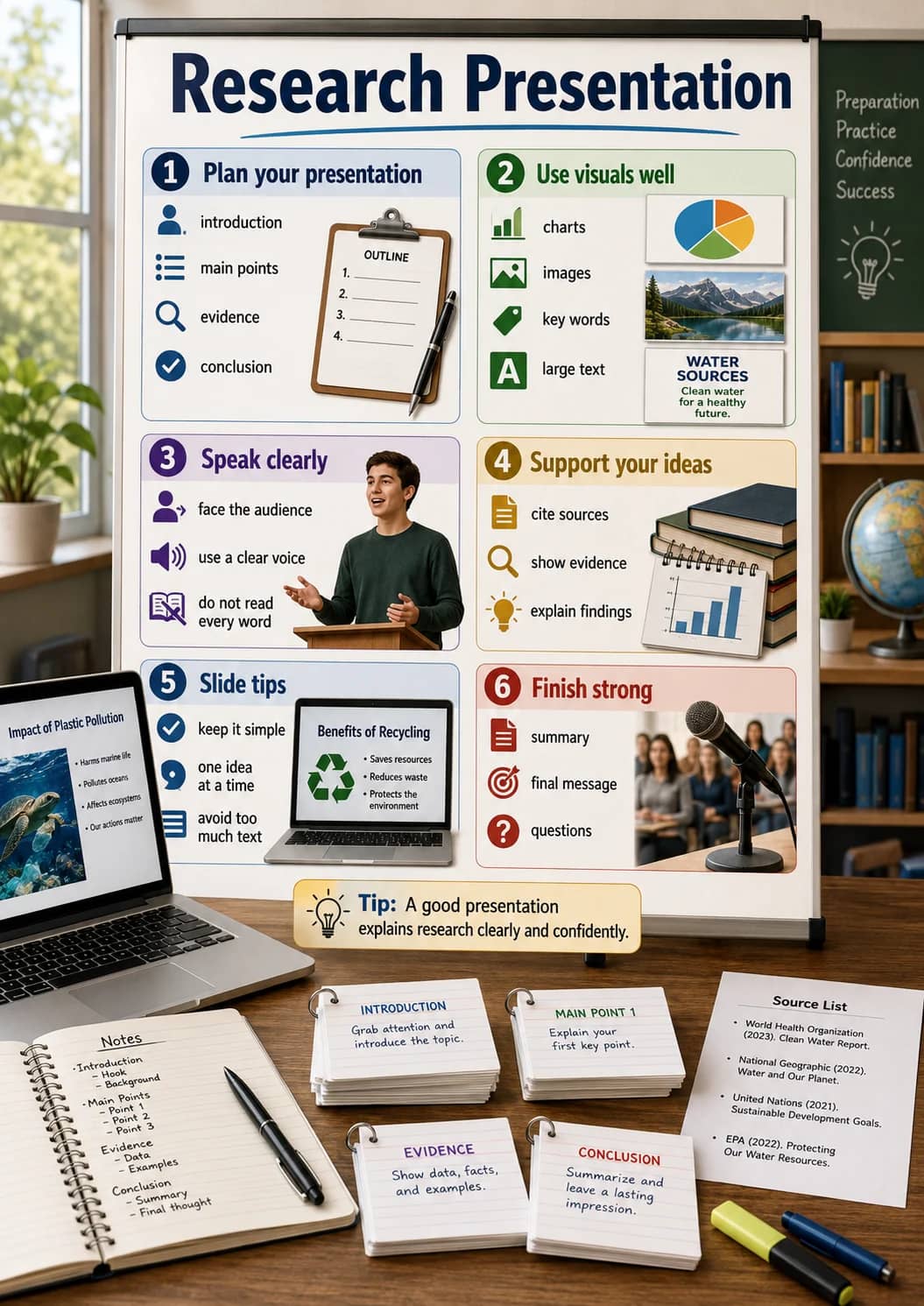 Research presentation infographic poster showing 1 Plan your presentation, introduction, main points, evidence and conclusion for Research.