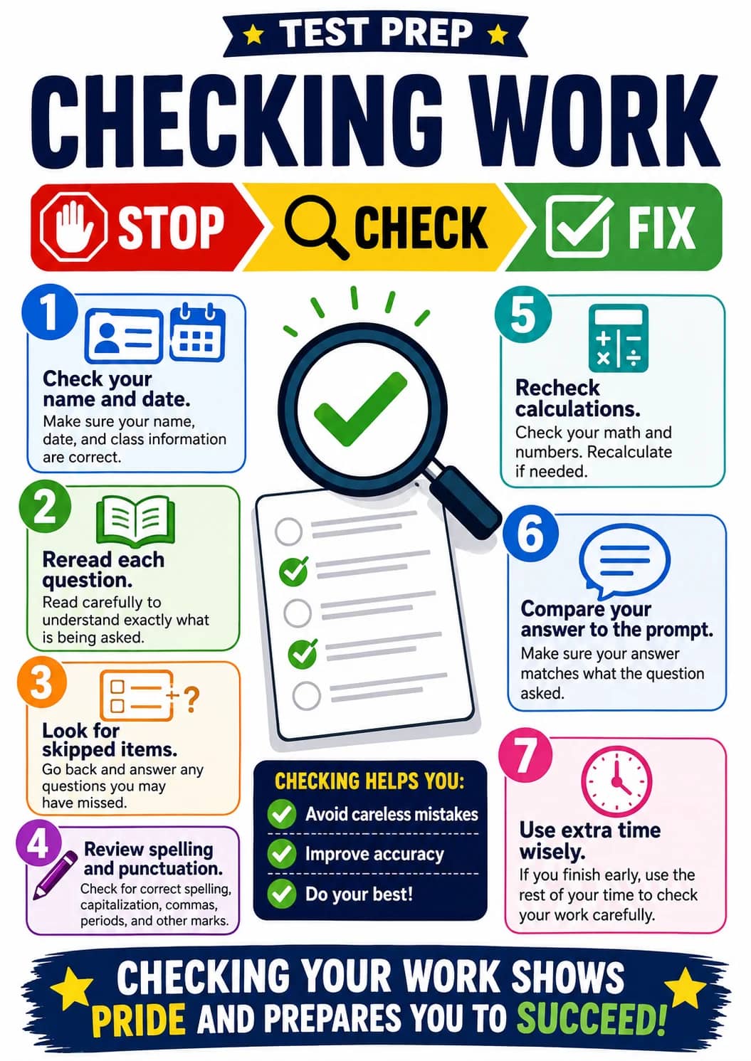 Checking work infographic poster showing ★ TEST PREP ★, STOP, CHECK, FIX and Check your name and date. for Test Prep.