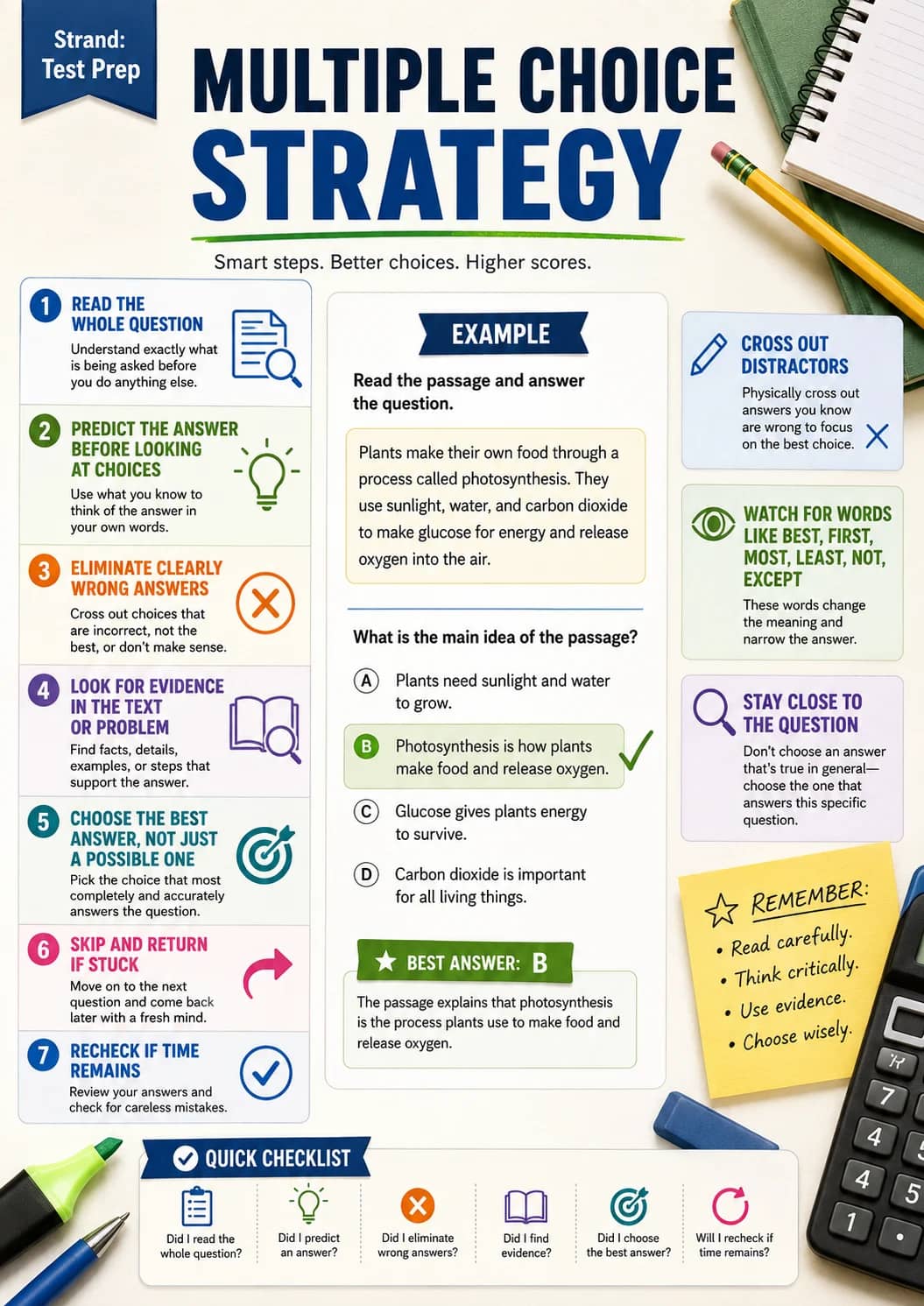Multiple choice strategy infographic poster showing Strand:, Smart steps. Better choices. Higher scores., 1 READ THE WHOLE QUESTION,...