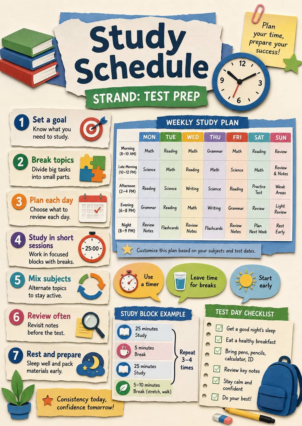 Set a Goal infographic poster showing Know what you need to study., Break topics, Divide big tasks into small parts., Plan each day and...