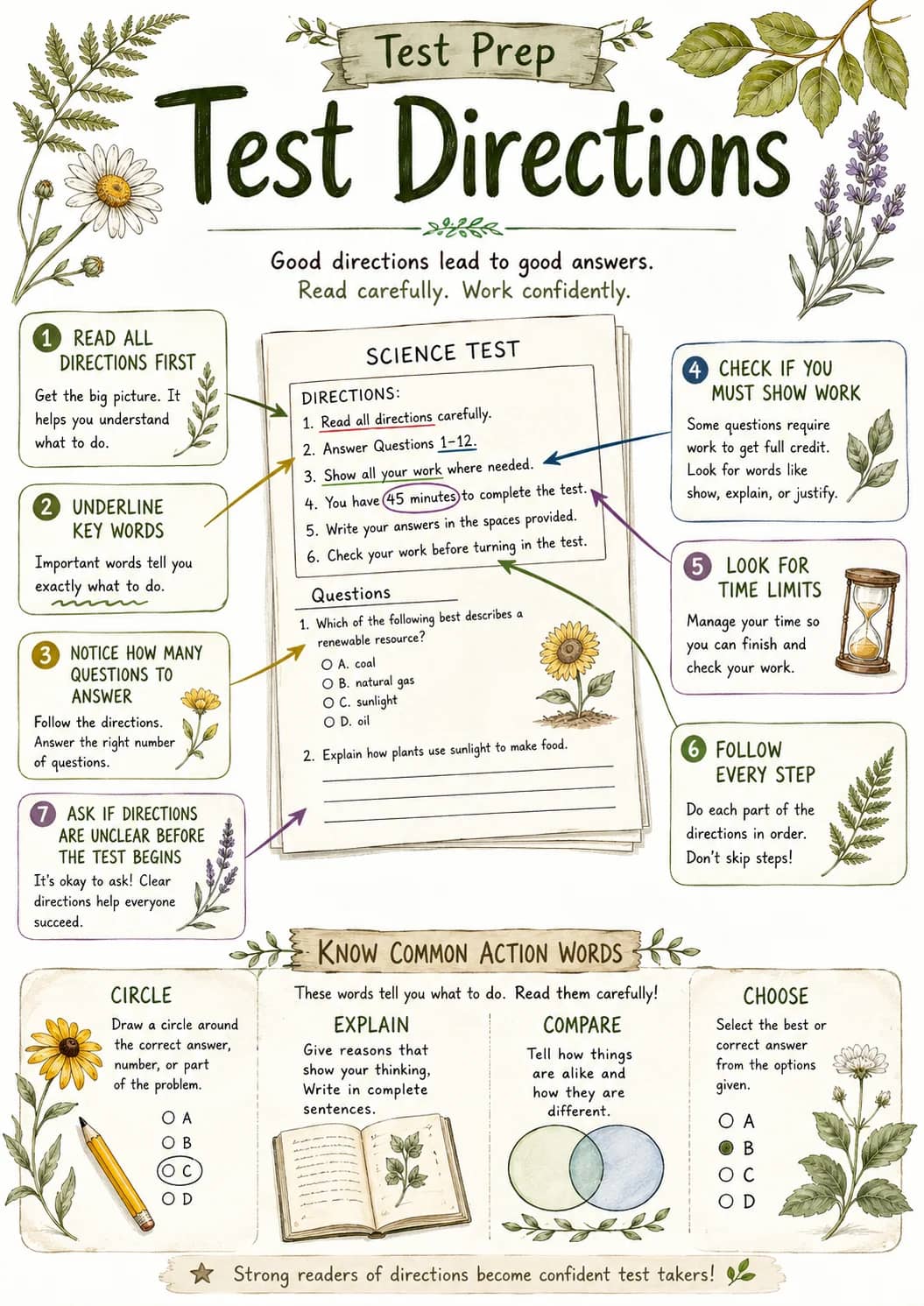 Test directions infographic poster showing Good directions lead to good answers., Read carefully. Work confidently., 1 READ ALL DIRECTIONS...