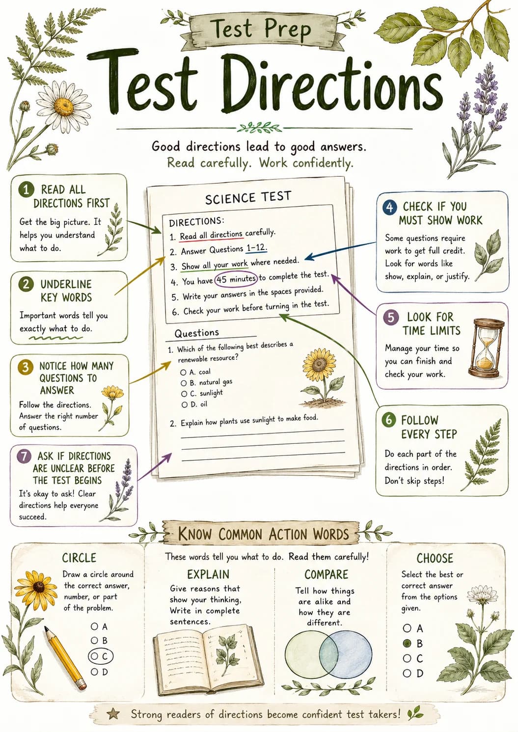 Test directions infographic poster showing Good directions lead to good answers., Read carefully. Work confidently., 1 READ ALL DIRECTIONS...
