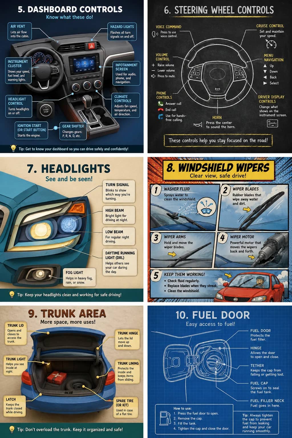 5. Dashboard Controls infographic poster showing Know what these do!, Tip: Get to know your dashboard so you can drive safely and...