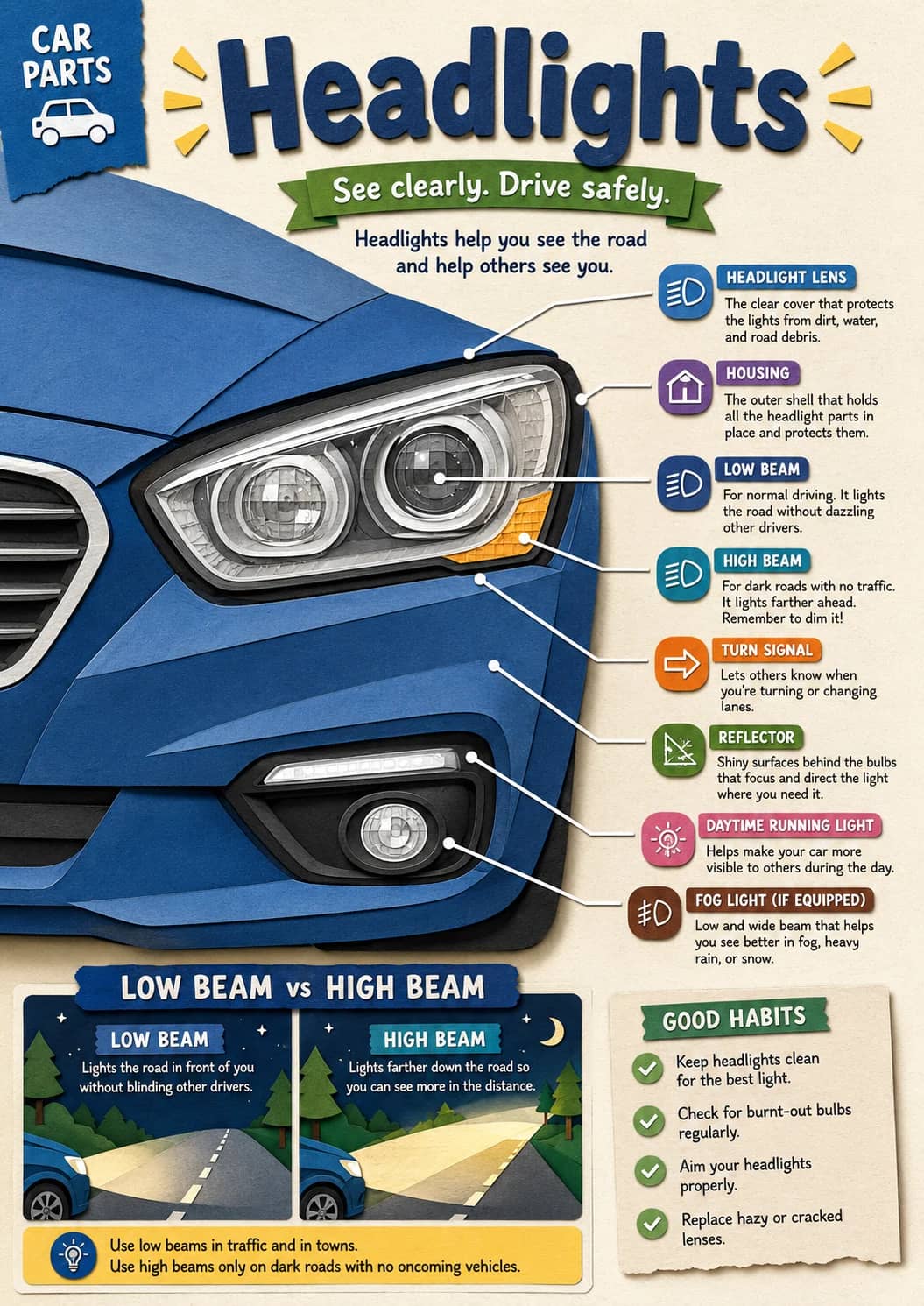 Car Parts infographic poster showing Headlights, See clearly. Drive safely., Headlights help you see the road and help others see you.,...