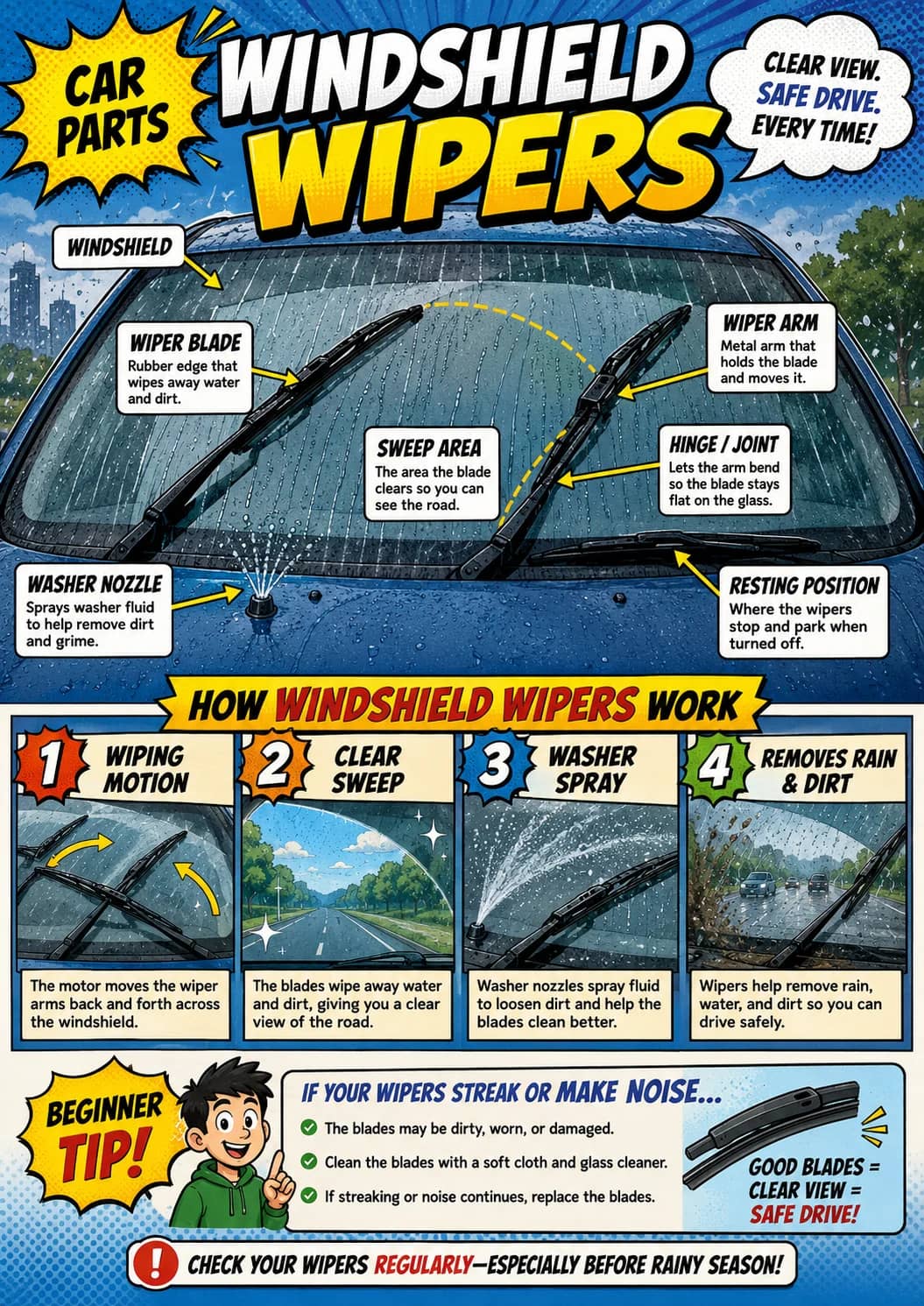 Car Parts infographic poster showing WINDSHIELD WIPERS, CLEAR VIEW., SAFE DRIVE., EVERY TIME! and HOW WINDSHIELD WIPERS WORK for Car Parts.