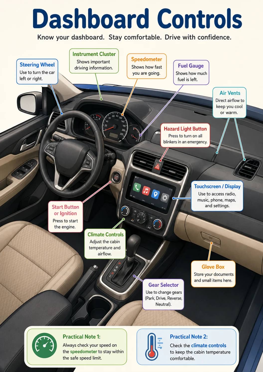 Dashboard Controls infographic poster showing Know your dashboard. Stay comfortable. Drive with confidence. for Car Parts.