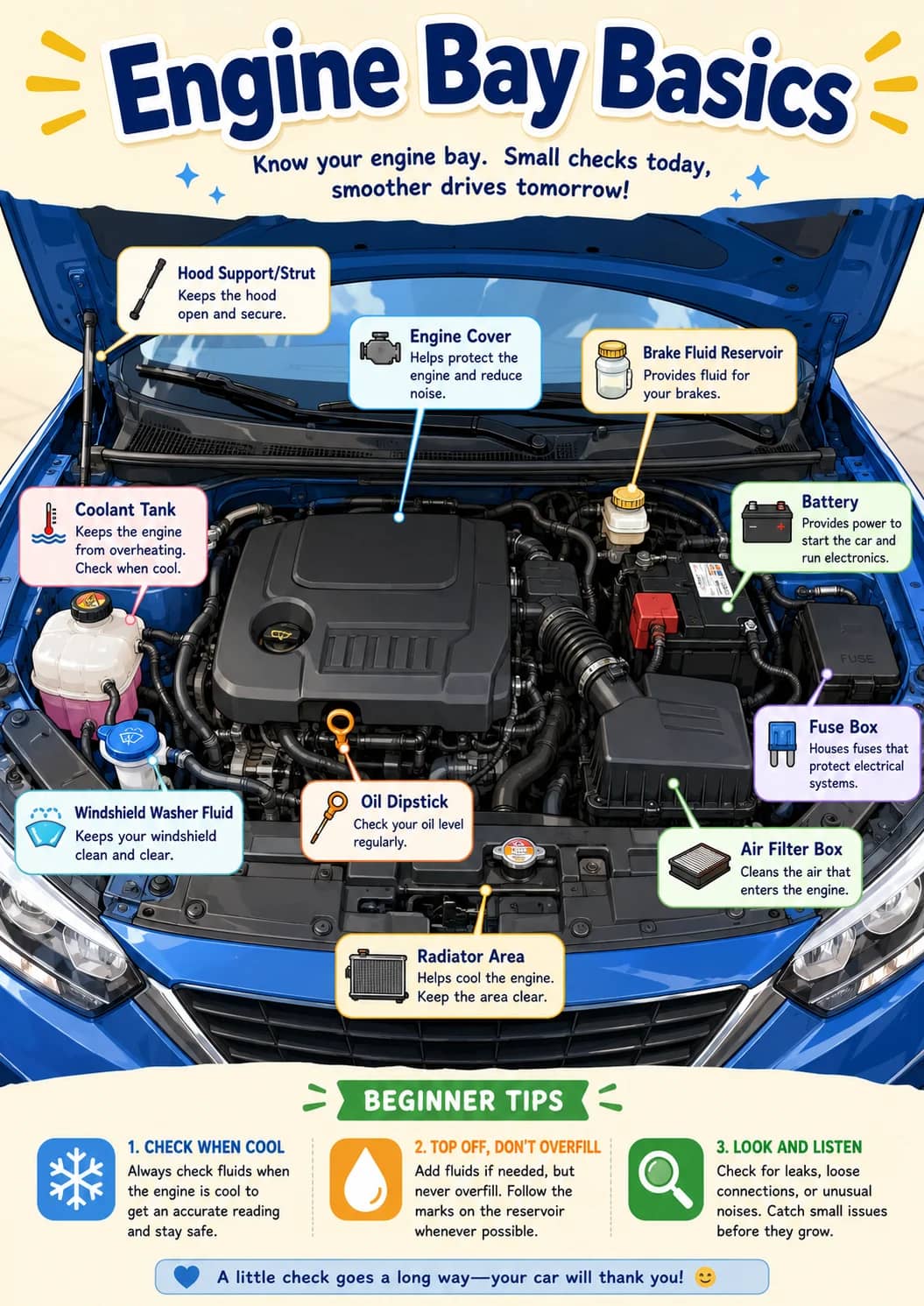 Engine bay basics infographic poster showing Know your engine bay. Small checks today, smoother drives tomorrow!, Hood Support/Strut,...