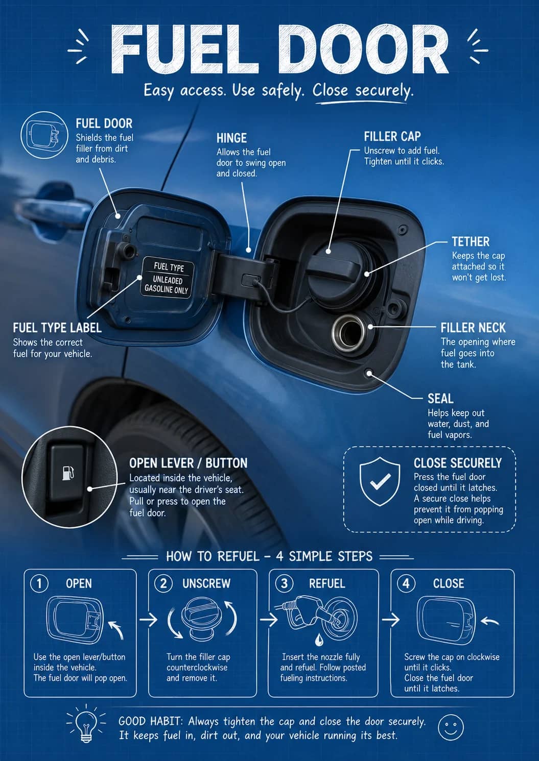 Fuel Door infographic poster showing Easy access. Use safely. Close securely., Shields the fuel filler from dirt and debris., HINGE,...