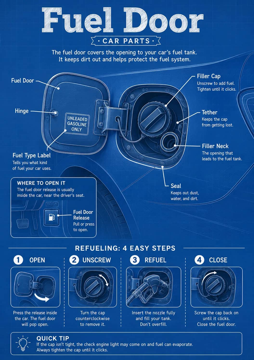 Fuel Door infographic poster showing The fuel door covers the opening to your car's fuel tank., It keeps dirt out and helps protect the...
