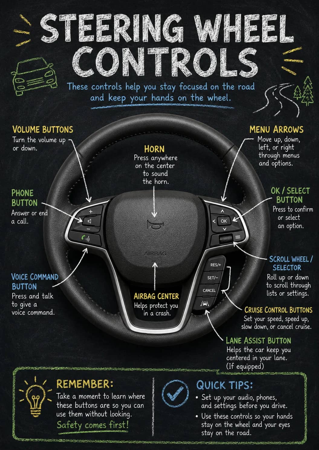 Steering Wheel infographic poster showing CONTROLS, VOLUME BUTTONS, Turn the volume up or down., PHONE and BUTTON for Car Parts.