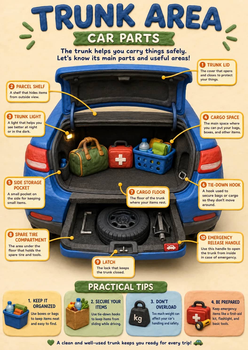 Trunk Area infographic poster showing The trunk helps you carry things safely., Let's know its main parts and useful areas!, 2 PARCEL...