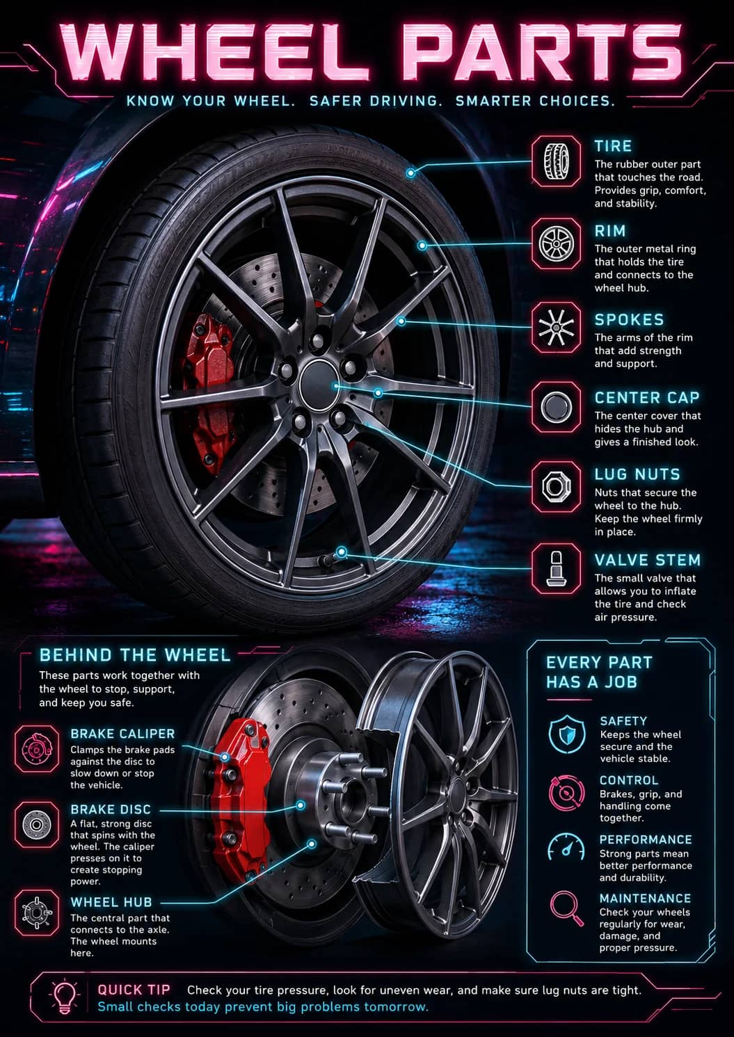 Wheel parts infographic poster showing KNOW YOUR WHEEL. SAFER DRIVING. SMARTER CHOICES., TIRE, RIM, The outer metal ring that holds the...