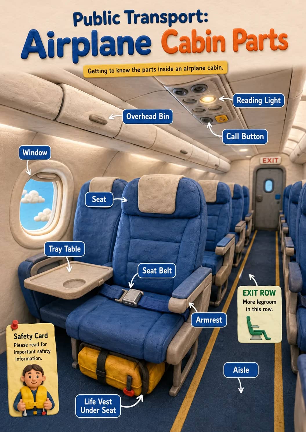 Airplane cabin parts infographic poster showing Public Transport: and Getting to know the parts inside an airplane cabin. for Public...
