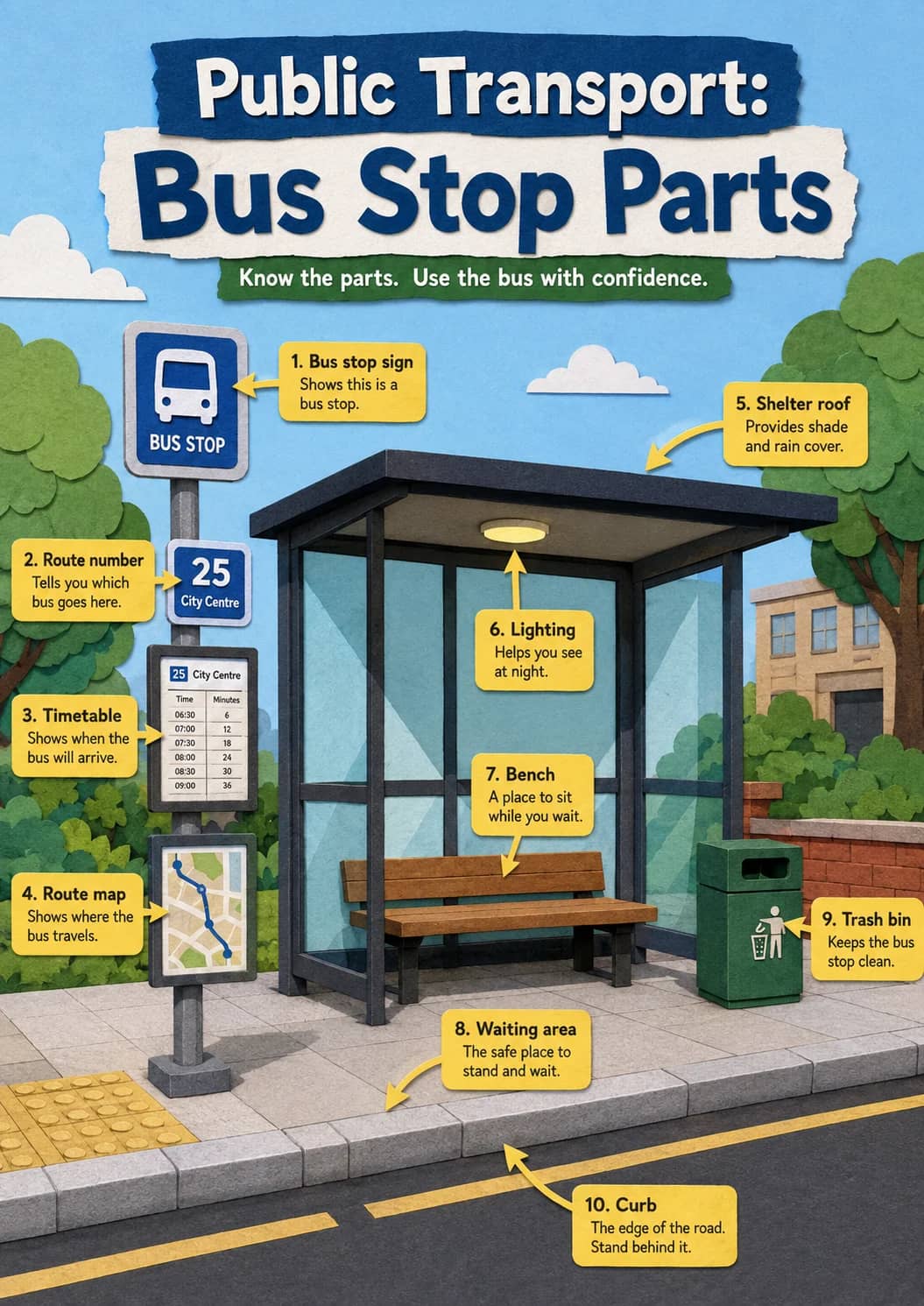 Bus stop parts infographic poster showing Public Transport: and Know the parts. Use the bus with confidence. for Public Transport.