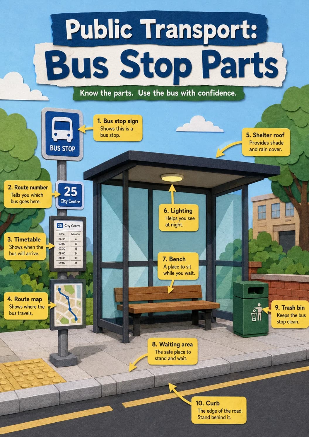 Bus stop parts infographic poster showing Public Transport: and Know the parts. Use the bus with confidence. for Public Transport.