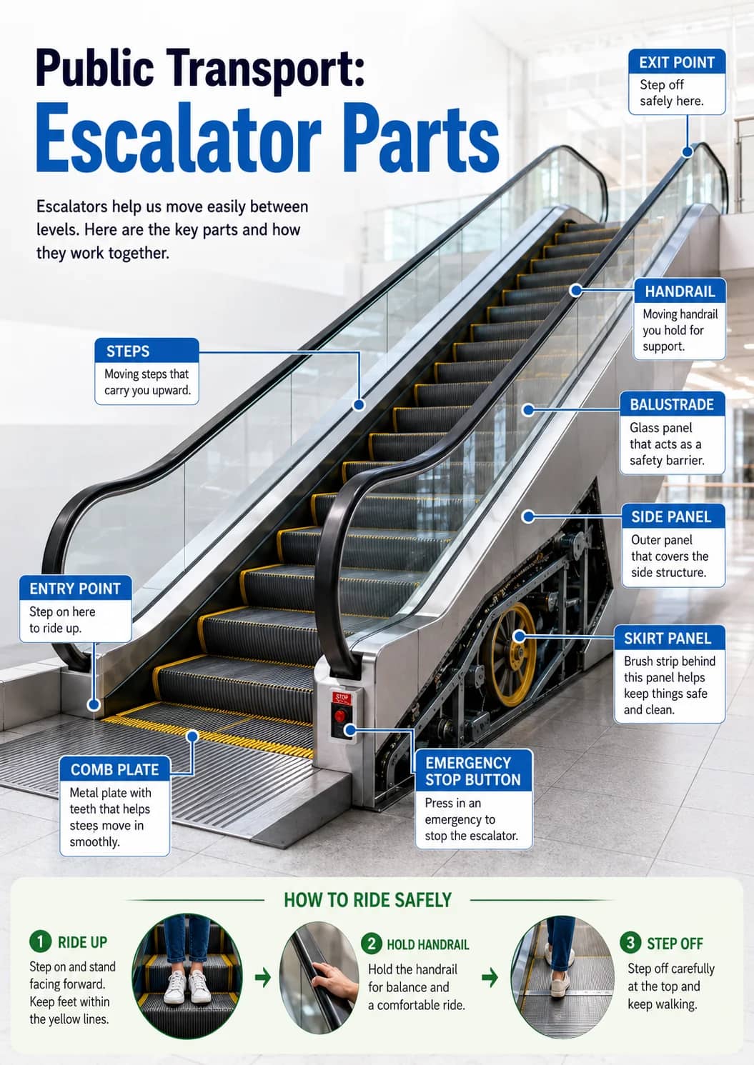 Escalator parts infographic poster showing Public Transport:, HOW TO RIDE SAFELY, 1 RIDE UP, Step on and stand facing forward. Keep feet...