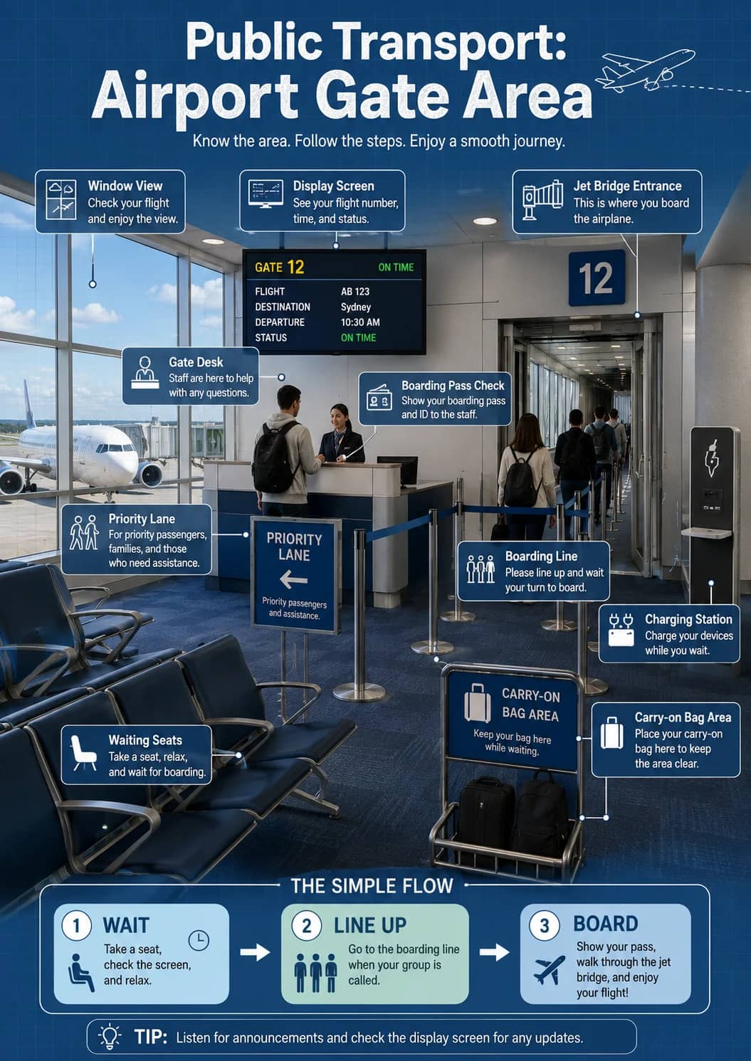 Public Transport: Airport Gate Area infographic poster showing Know the area. Follow the steps. Enjoy a smooth journey., Window View,...