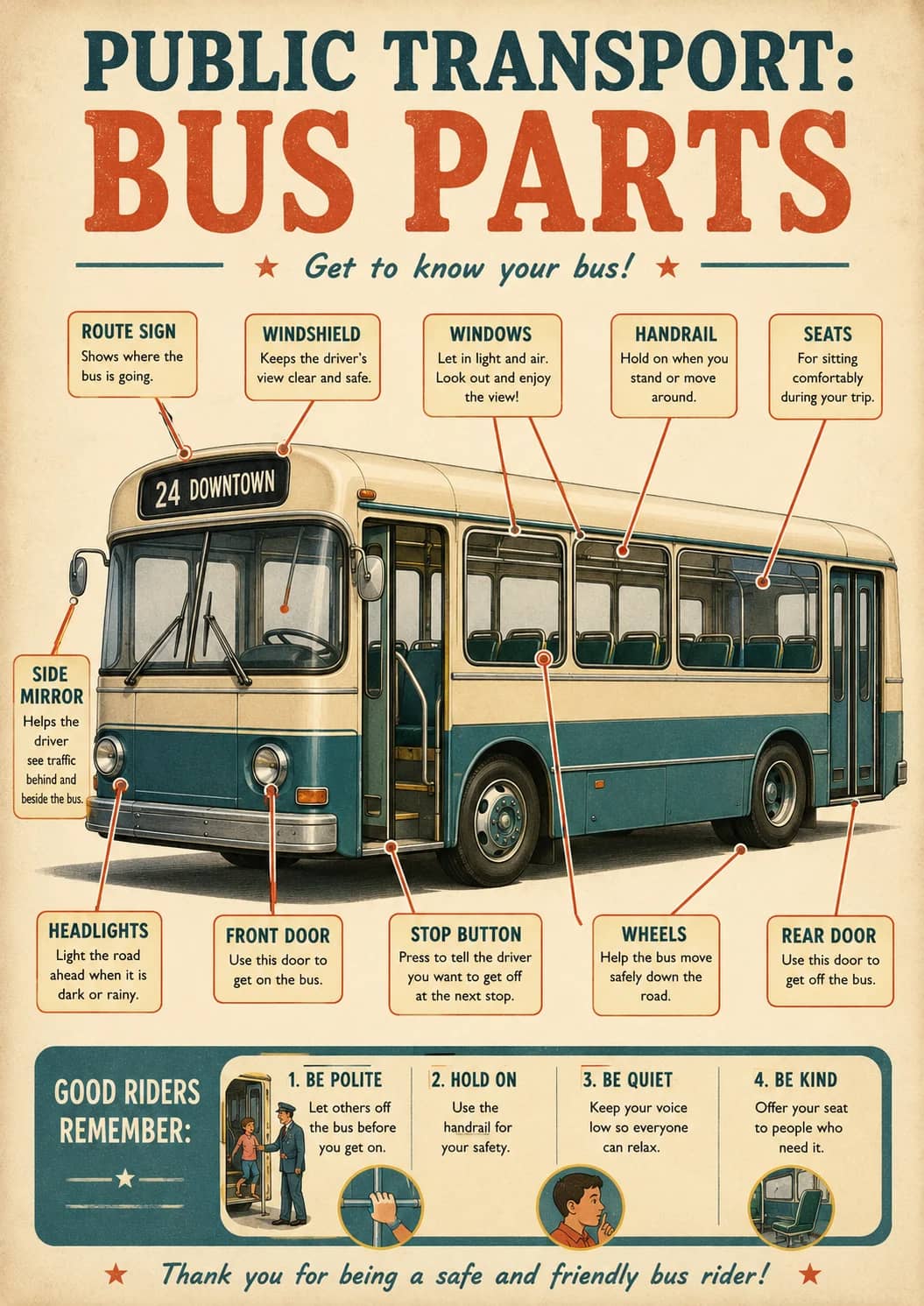 Public Transport: Bus Parts infographic poster showing Get to know your bus!, GOOD RIDERS REMEMBER:, 1. BE POLITE, Let others off the bus...