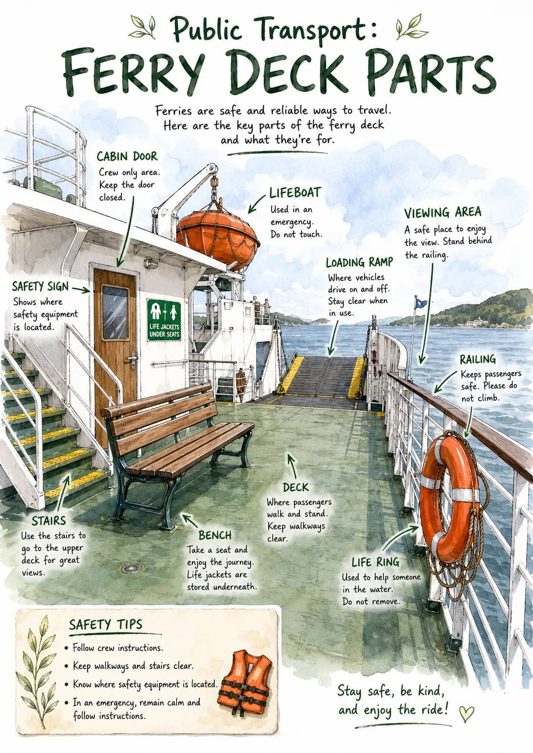 Public Transport: Ferry Deck Parts infographic poster showing Ferries are safe and reliable ways to travel., Here are the key parts of the...