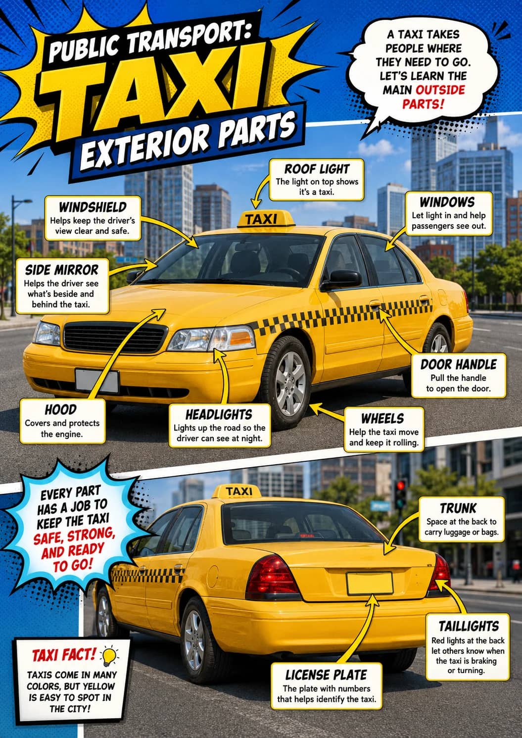 Public Transport: infographic poster showing TAXI, EXTERIOR PARTS, A TAXI TAKES, PEOPLE WHERE and THEY NEED TO GO. for Public Transport.