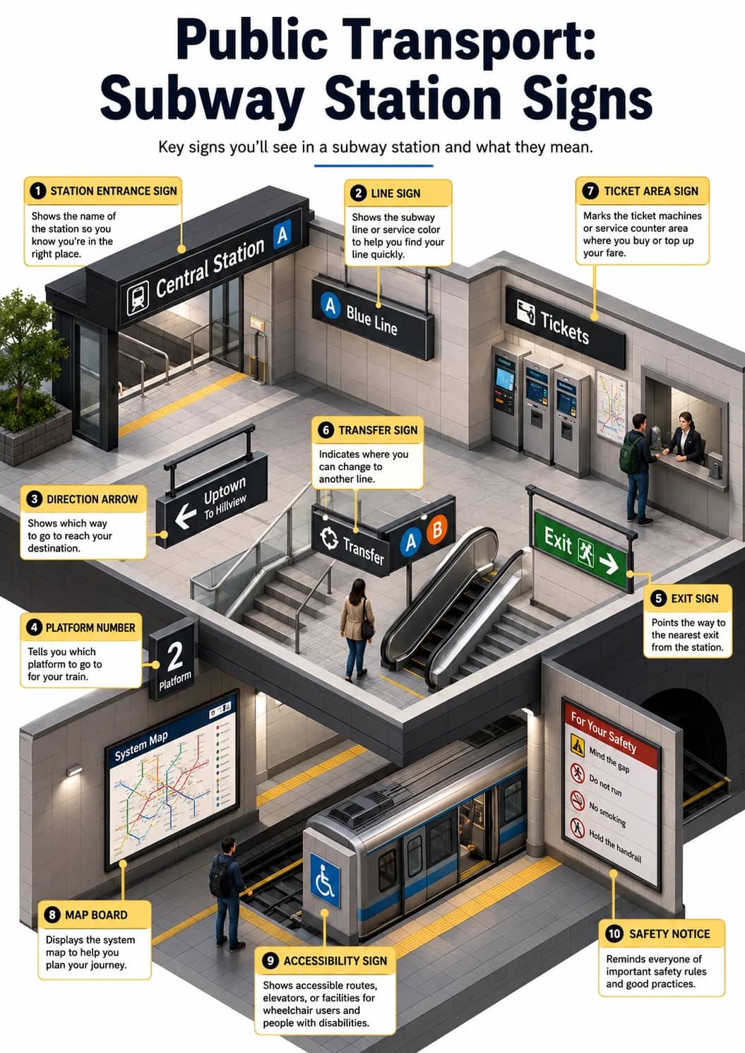 Public Transport: Subway Station Signs infographic poster showing Key signs you'll see in a subway station and what they mean. for Public...