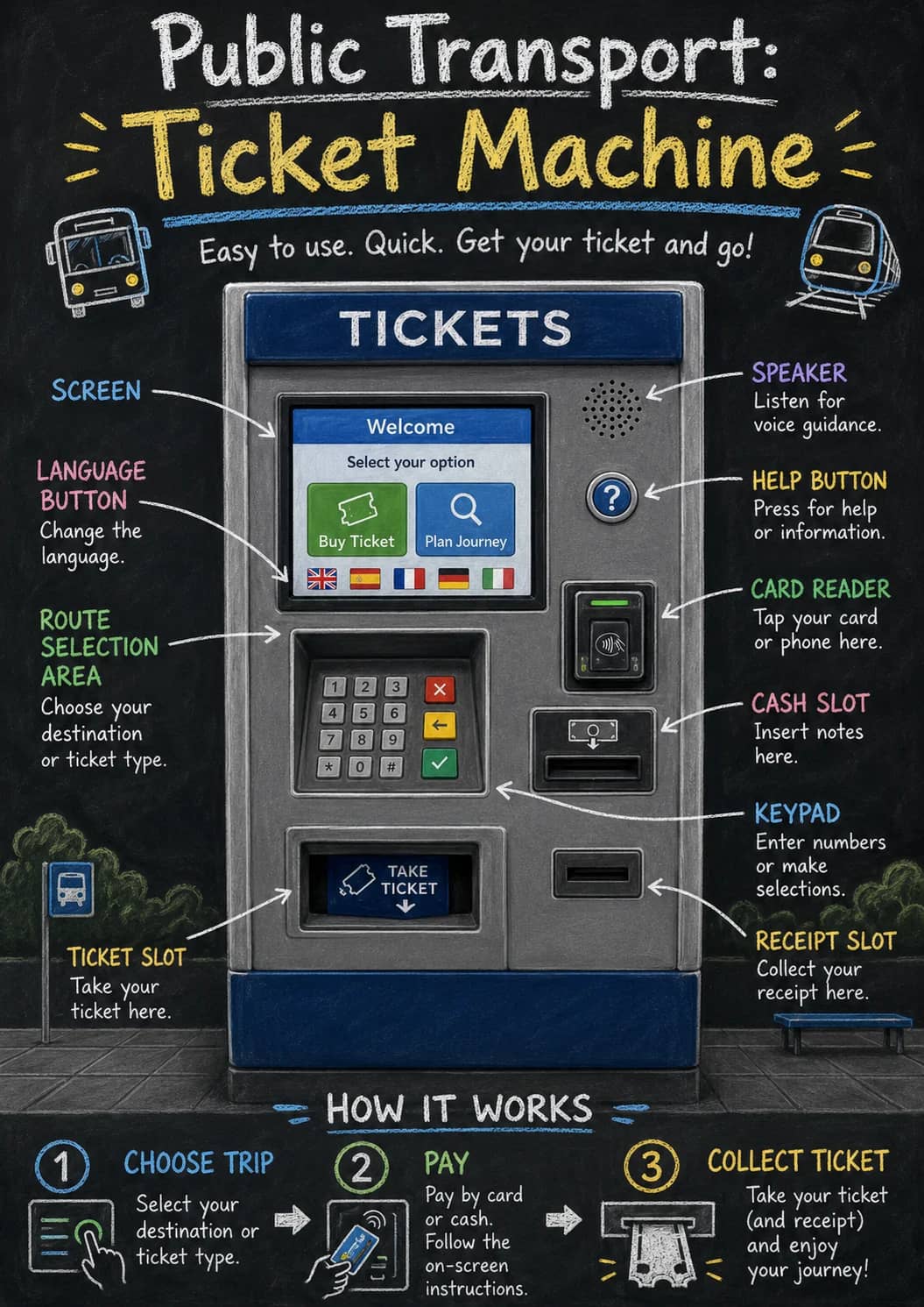 Public Transport: Ticket Machine infographic poster showing Easy to use. Quick. Get your ticket and go! for Public Transport.