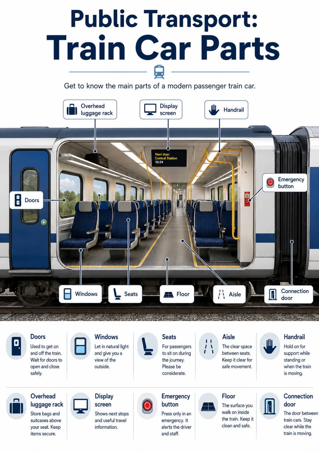 Public Transport: Train Car Parts infographic poster showing Get to know the main parts of a modern passenger train car., Doors, Used to...