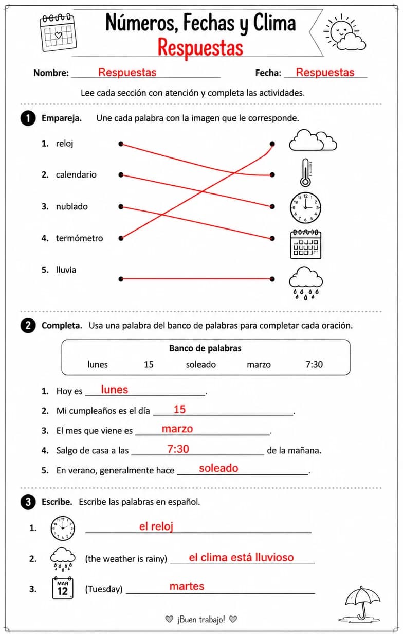 Answer key for Interpretar horarios básicos, calendarios y formularios de información personal. — free printable Spanish worksheet