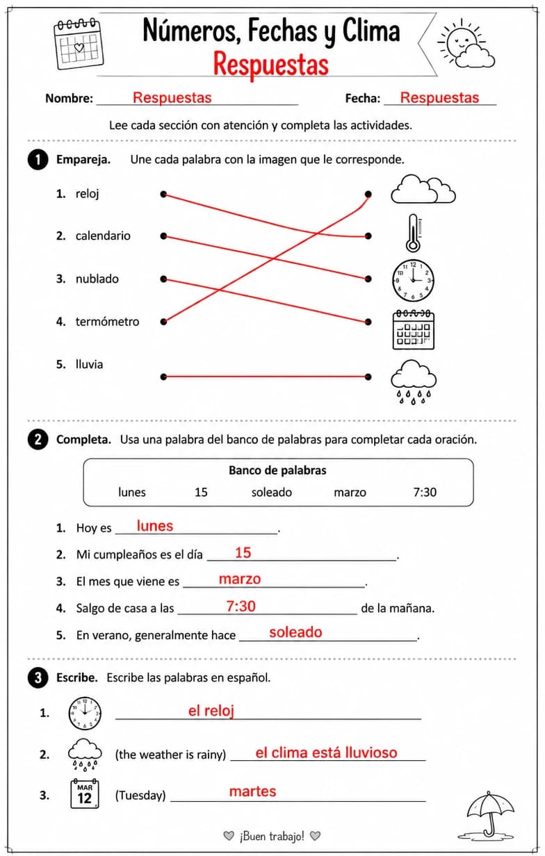 Answer key for Interpretar horarios básicos, calendarios y formularios de información personal. — free printable Spanish worksheet