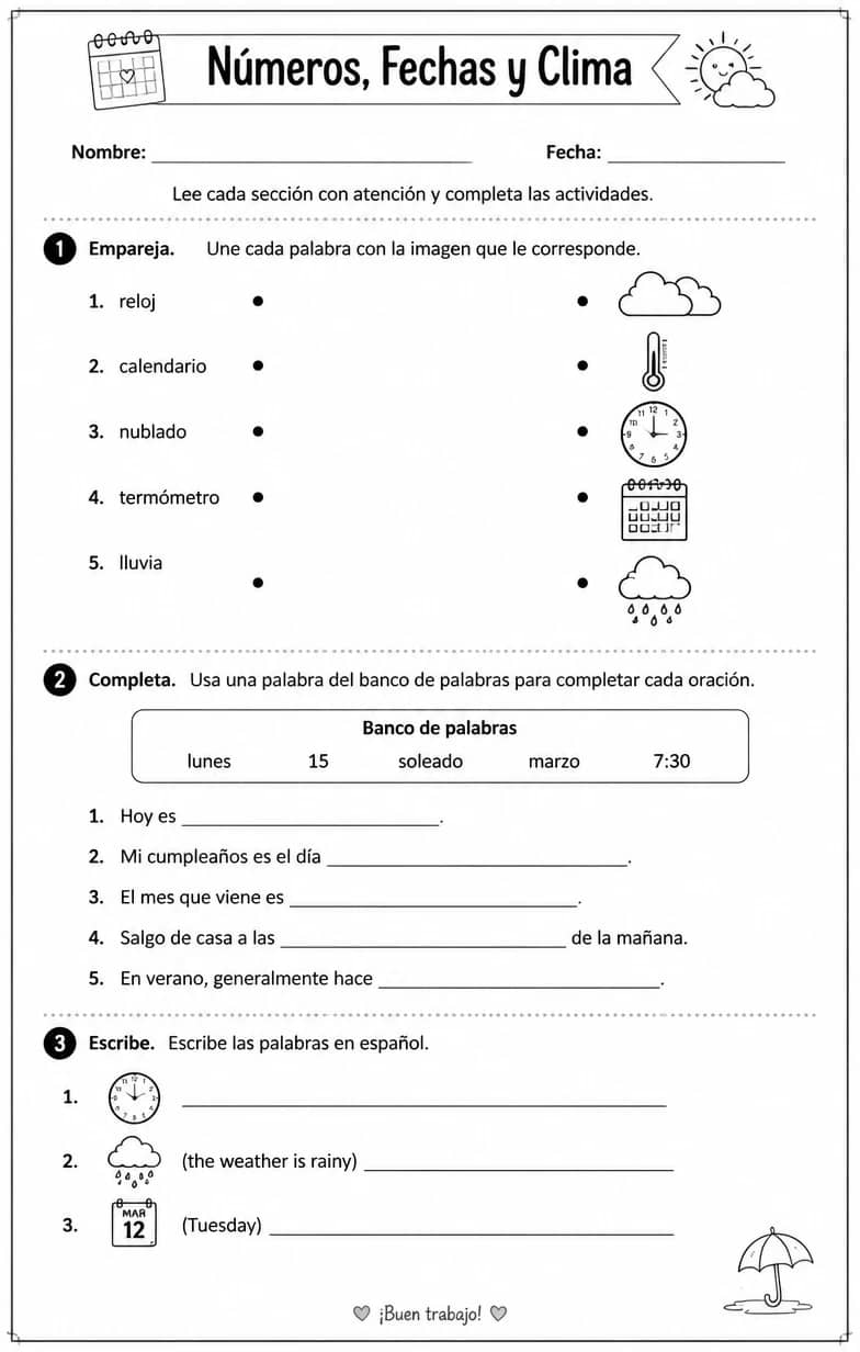 Interpretar horarios básicos, calendarios y formularios de información personal. — free printable Middle School Spanish worksheet