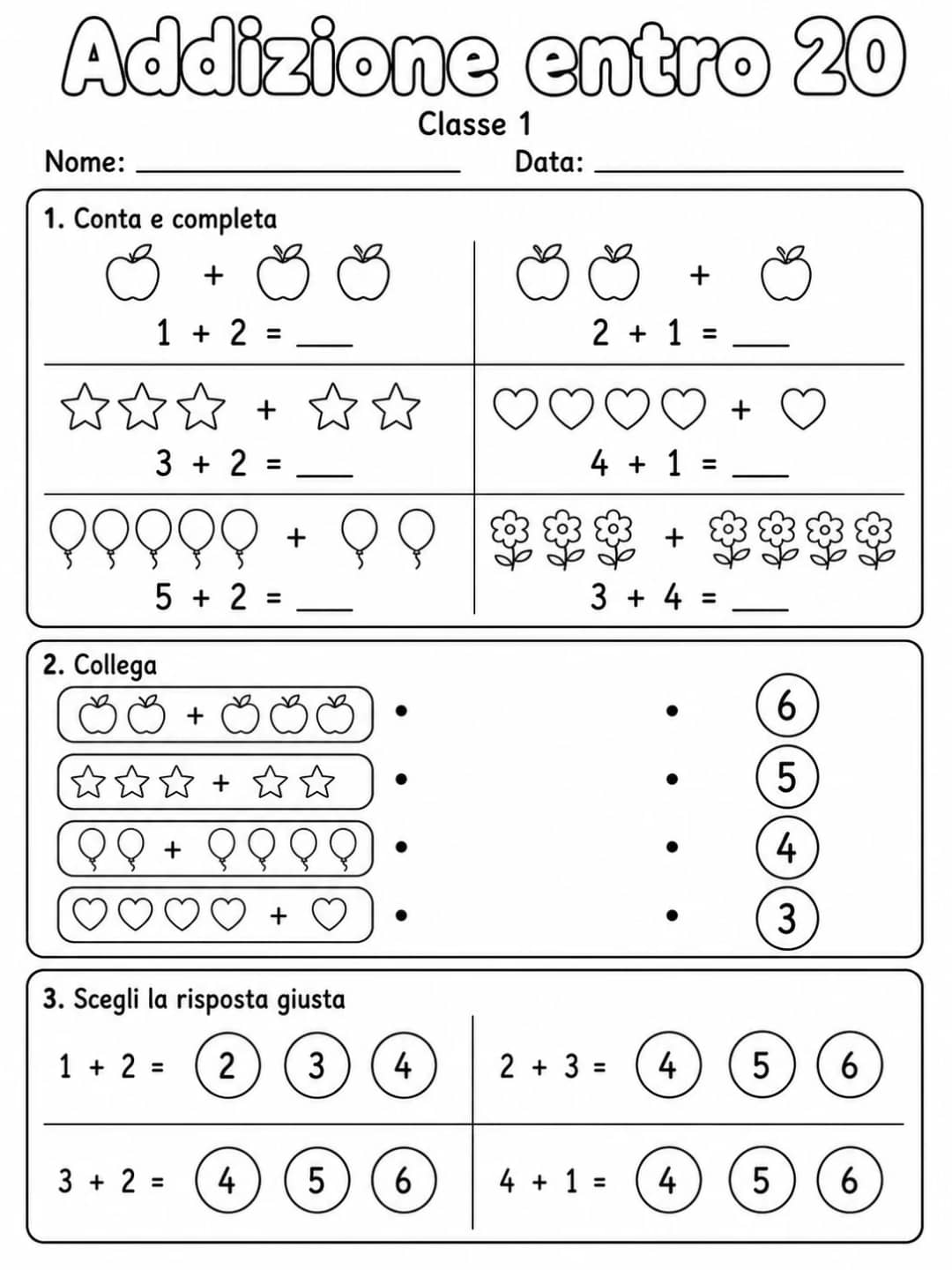 Addizione entro 20 Classe 1 printable Italian math worksheet pack preview