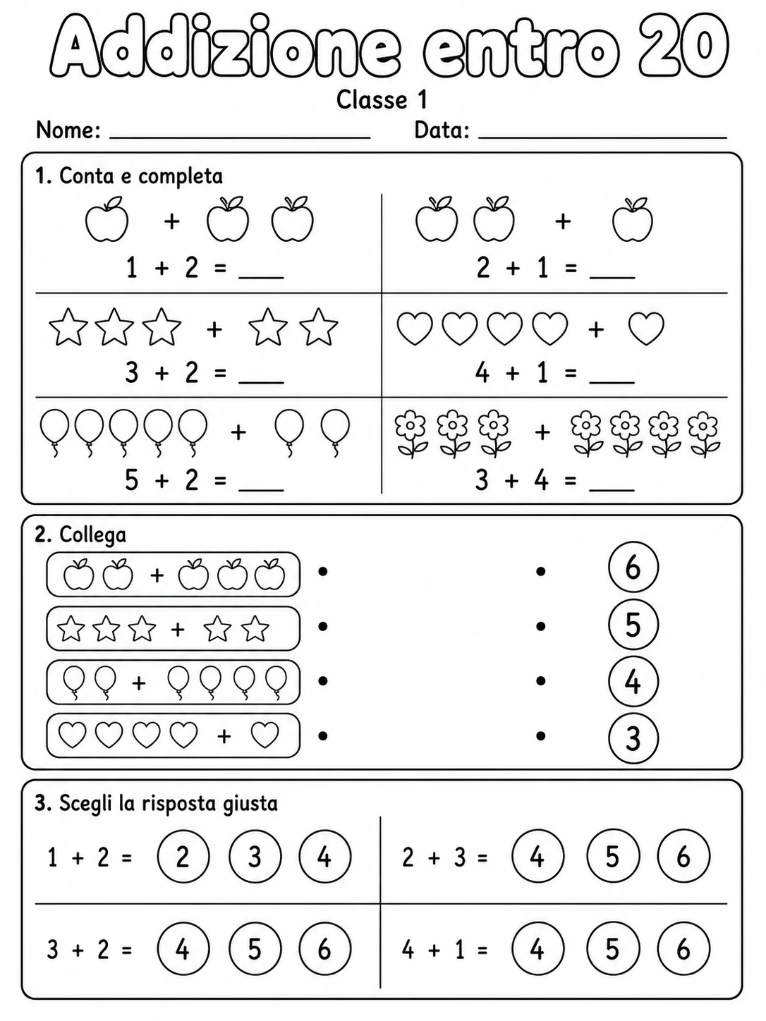 Addizione entro 20 Classe 1 printable Italian math worksheet pack preview
