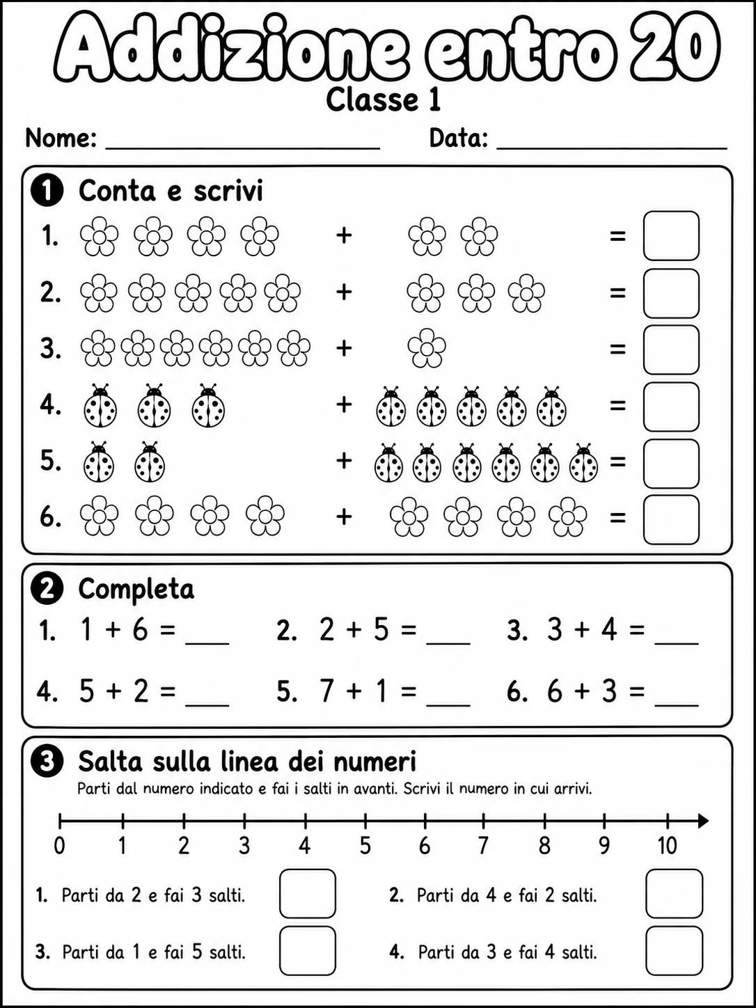 Addizione entro 20 Classe 1 scheda 2 in italiano