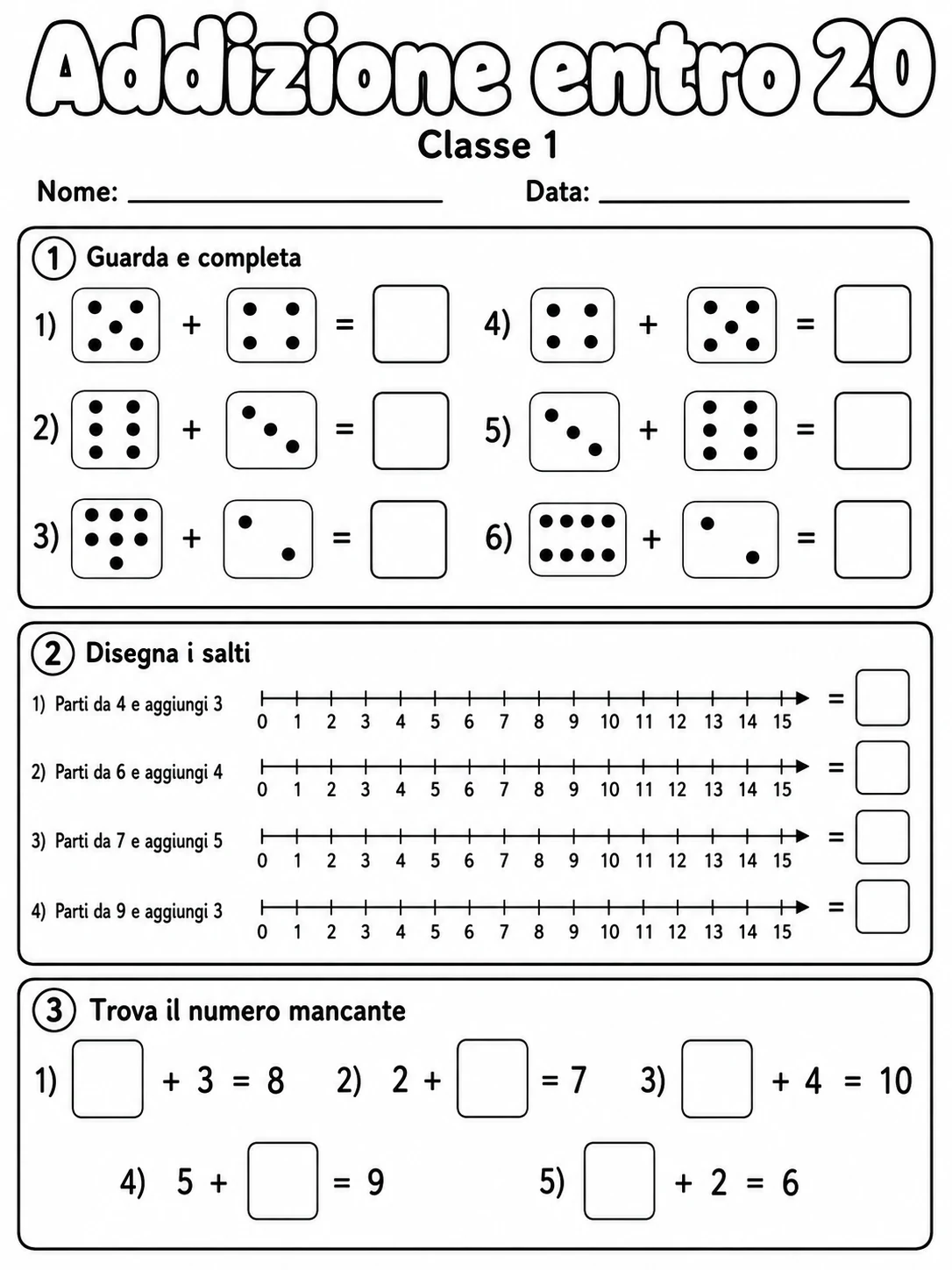 Addizione entro 20 Classe 1 scheda 3 in italiano