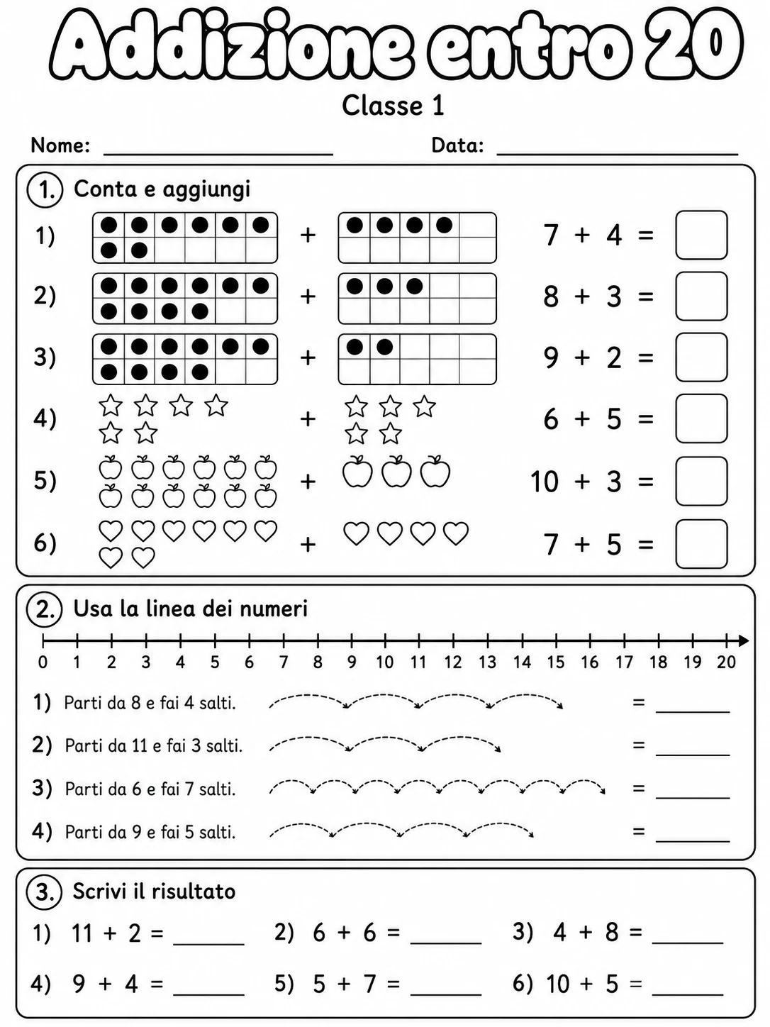 Addizione entro 20 Classe 1 scheda 4 in italiano