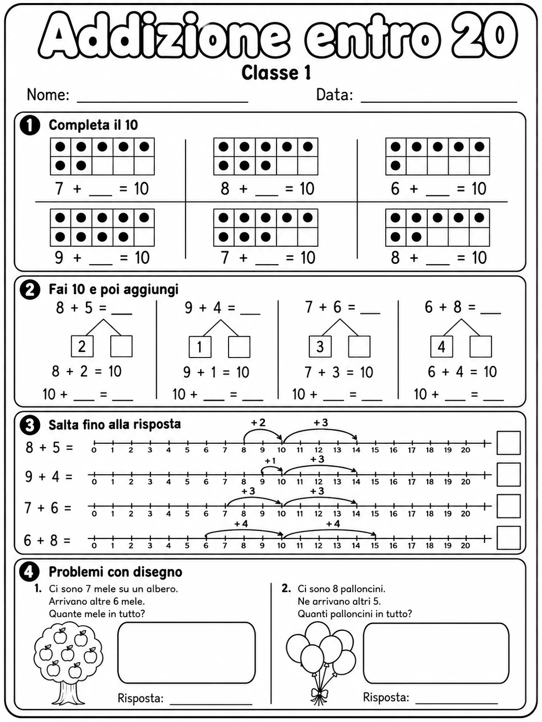 Addizione entro 20 Classe 1 scheda 5 in italiano