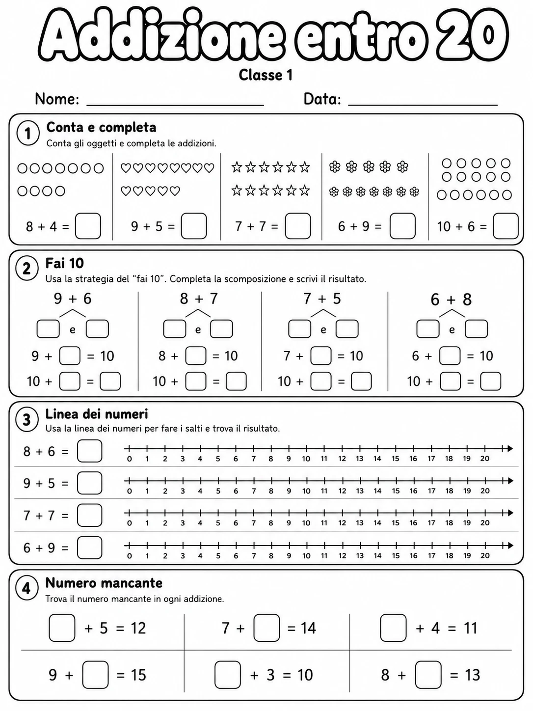 Addizione entro 20 Classe 1 scheda 6 in italiano