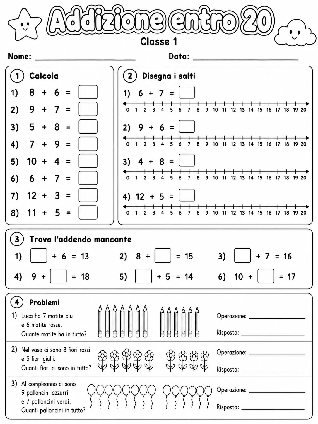 Addizione entro 20 Classe 1 scheda 7 in italiano