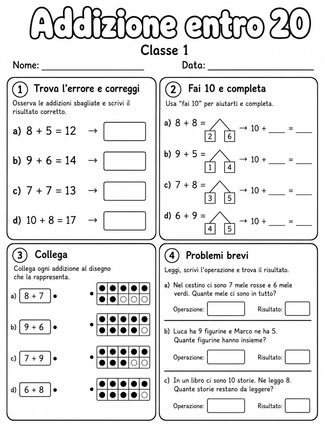 Addizione entro 20 Classe 1 scheda 8 in italiano
