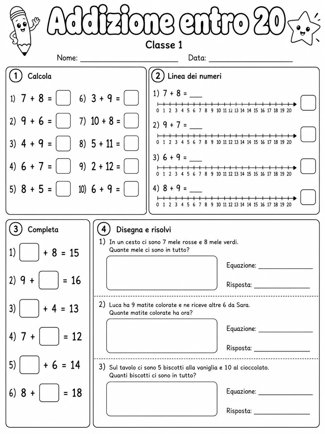 Addizione entro 20 Classe 1 scheda 9 in italiano