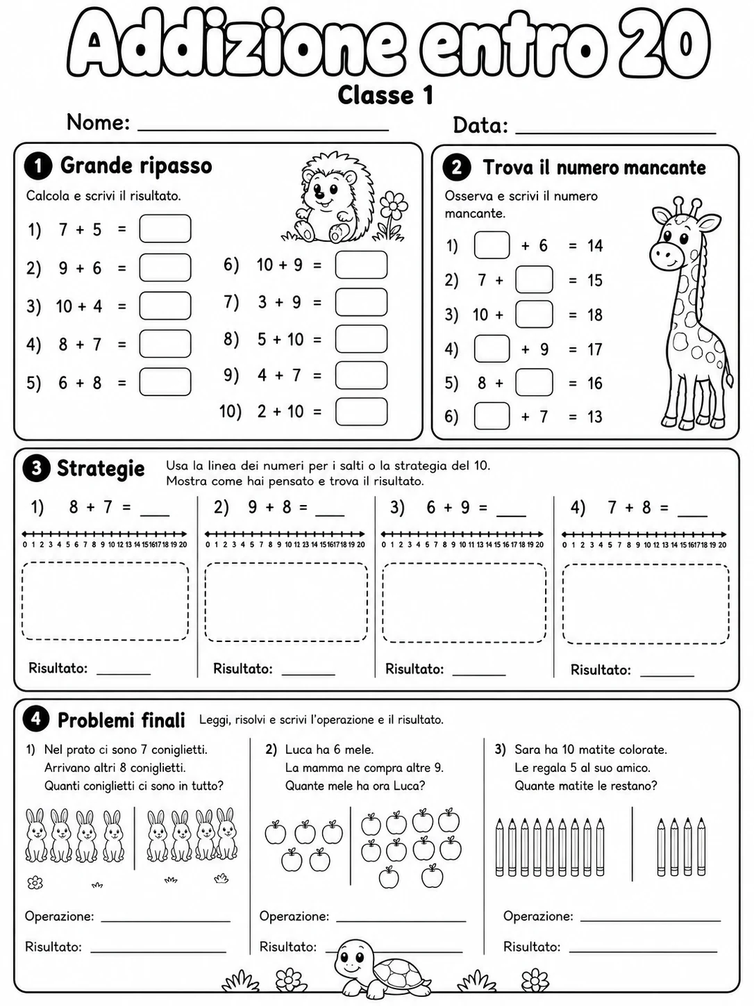 Addizione entro 20 Classe 1 scheda 10 in italiano